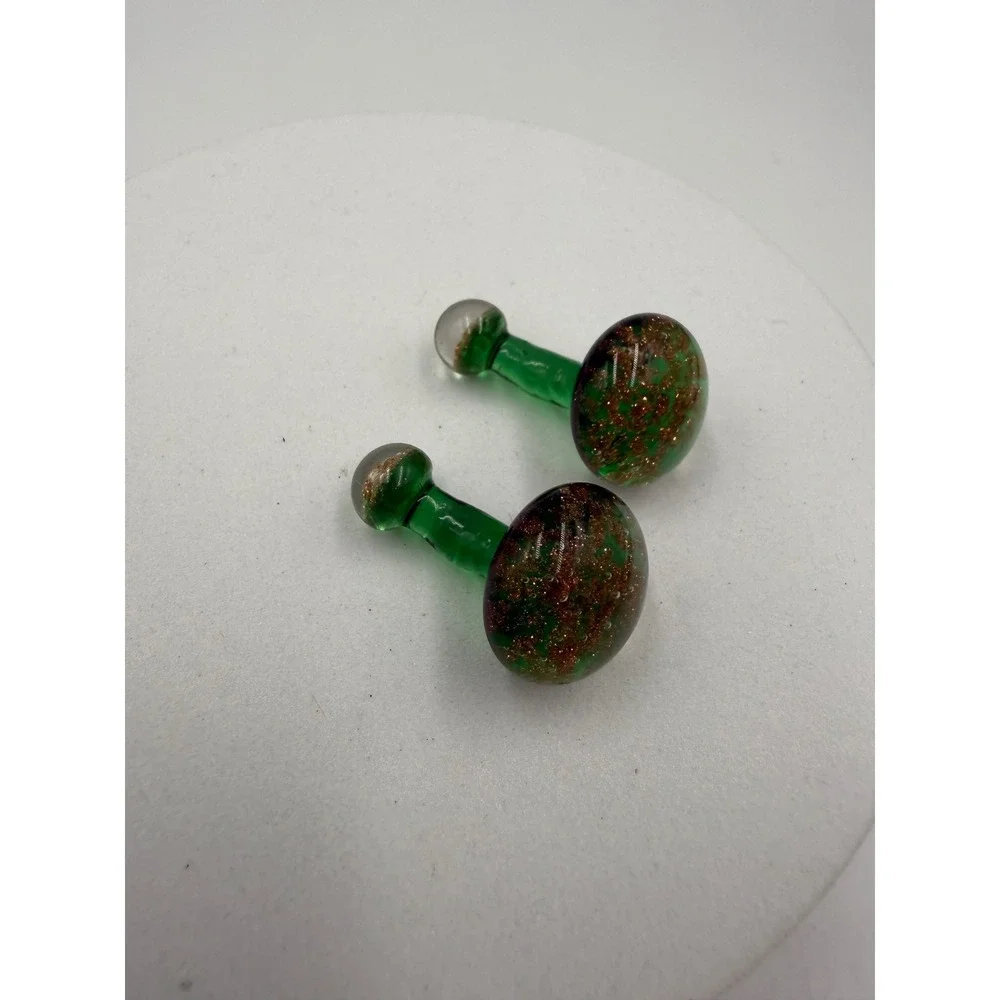 Vintage Green Art Glass Aventurine Gold Fleck Barbell Cufflinks Studs Mens